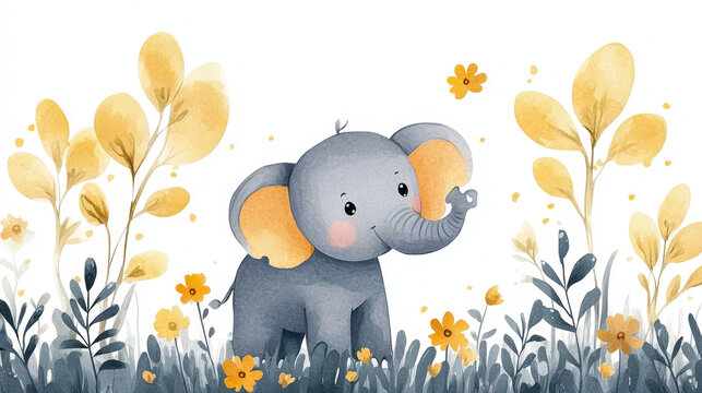 A baby shower invitation card, elephant theme, cute illustration, grey and yellow, isolated on white background