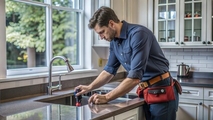 a man working in a modern kitchen. The layout features a countertop with a sink and various tools. The man, with short brown hair and fair skin, is focused on his task, wearing a dark blue shirt and 