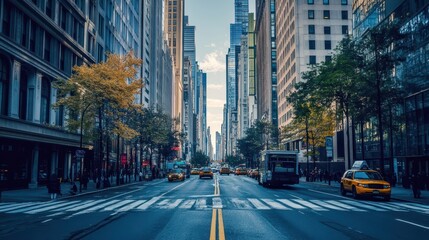 New York City Street Scene with Yellow Taxis.