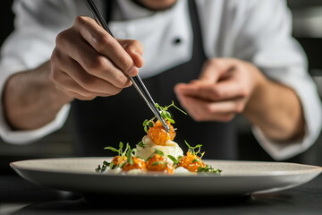 Close up of chef's hands garnishing dish on plate in restaurant kitchen.