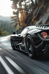 A black sports car drives down a winding road