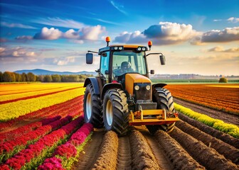 Obraz premium Agricultural Power: Heavy-duty tractor, plowed field, industrial setting, vibrant colors, mechanical precision