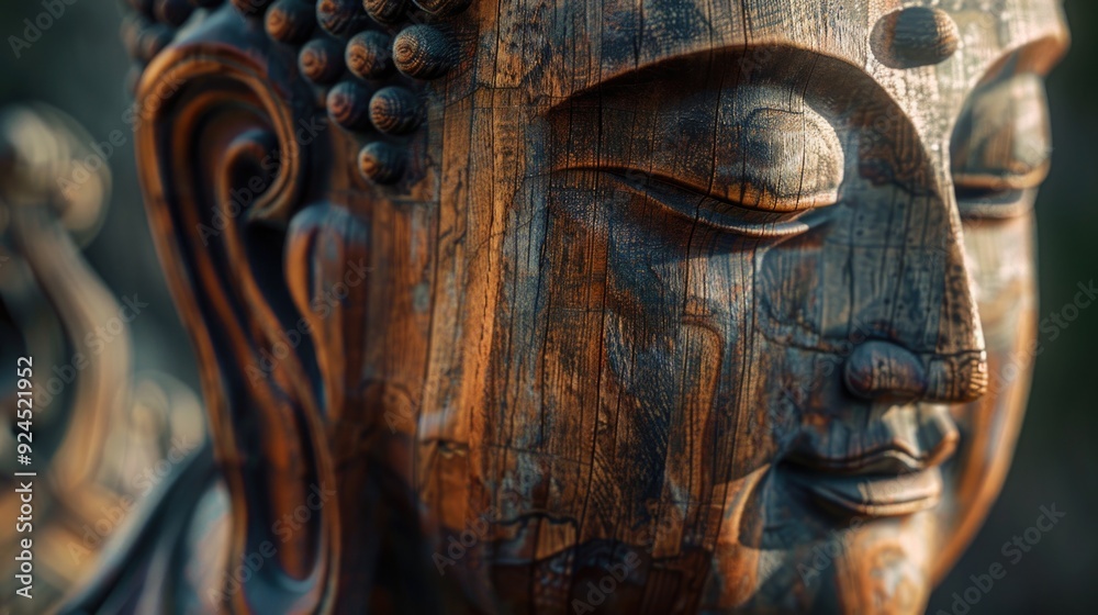 Poster a detailed view of a person's face on a statue, suitable for art or architecture illustrations