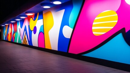 Vibrant graffiti letters, bold street art, colorful urban scene, cityscape background, night illumination