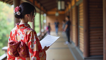 Obraz premium Young Woman in Traditional Kimono Reading a Document in Japanese Garden