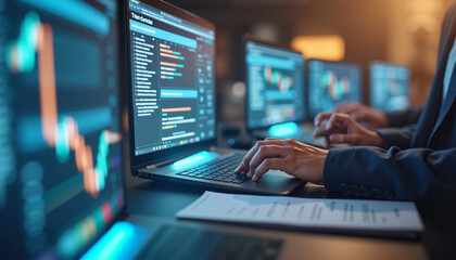 Hands Typing on Laptop with Financial Data on Multiple Screens