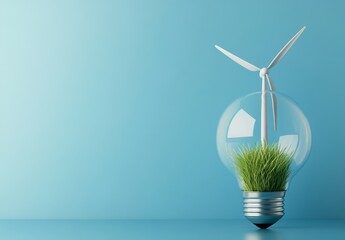 An isolated light bulb with grass and a windmill inside on a blue background, depicting the concept of sustainable energy