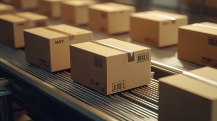 Cardboard boxes moving on a conveyor belt.