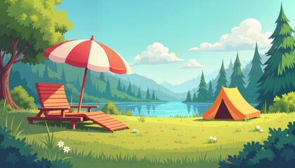Scenic Lakeside Camping with Tent and Sun Lounger in Summer Nature