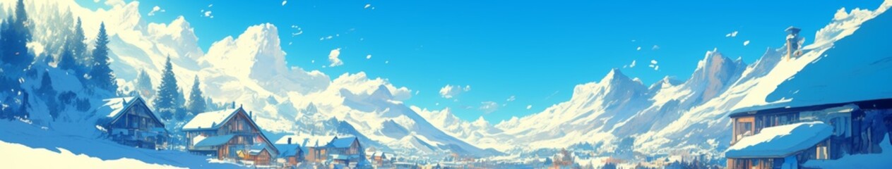Enchanting Animated Swiss Winter Wonderland: Picturesque Snowy Village Nestled in Majestic Alps. Whimsical Cartoon Landscape for Creative Marketing, Game Books, and Seasonal Nature Art. Magical 4K Ill