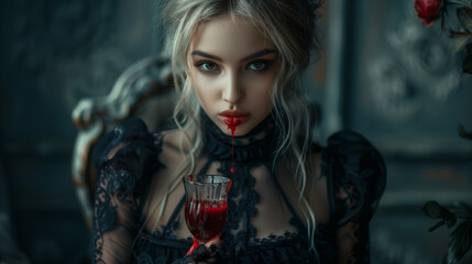 Fototapeta premium Gothic vampire woman with glass of blood among dark roses.