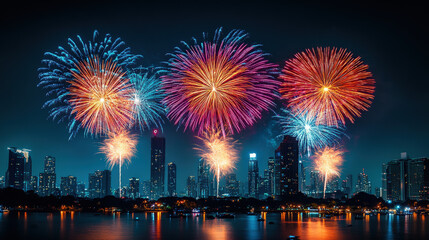 Obraz premium A nighttime fireworks display over a city skyline, celebrating Independence Day with bursts of color