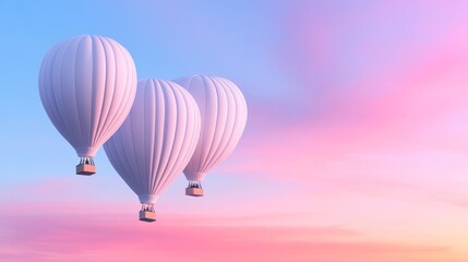 Fototapeta premium Whimsical hot air balloons, pastel sky, serene landscape, gentle sunrise hues, peaceful ambiance, floating effortlessly
