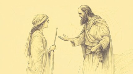 Obraz premium Faith-Inspired Biblical Illustration: Ruth and Boaz at the Threshing Floor, Ruth Asking for Boaz’s Protection, Beige Background, Christian Artwork, Protection Scene