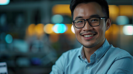 Fototapeta premium The image shows a smiling office worker wearing glasses, sitting at his desk in an office lit with soft lighting