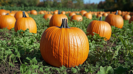 Pumpkins of various sizes and shapes in a field