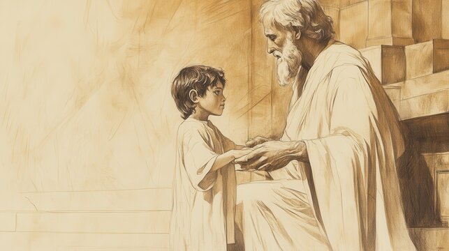 Faith-Inspired Biblical Illustration: Hannah's Prayer and Samuel's Service, Samuel Learns and Grows by Assisting Eli, Beige Background, Christian Artwork, Guidance Scene
