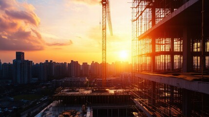 Sunset over Construction Site with Crane.