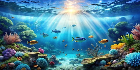 Naklejka premium Aquatic Azure Tranquility: Blue hues, underwater scenes, calming textures, serene and meditative mood.