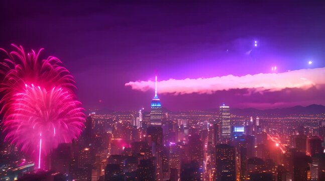 Spectacular Fireworks Lighting Up the City Night Sky
