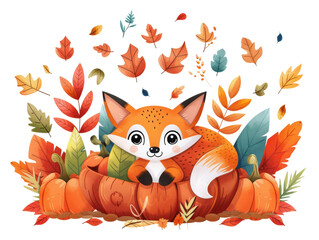 Charming baby fox resting in a colorful pumpkin patch amidst falling leaves in a playful cartoon style