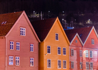  Night view of Bryggen, the historic district of Bergen, a UNESCO World Heritage site.