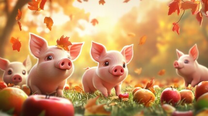 Cute Piglets in Autumn.