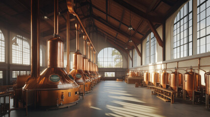 Industrial brewery with copper vats and high ceilings, showcasing the scale of production