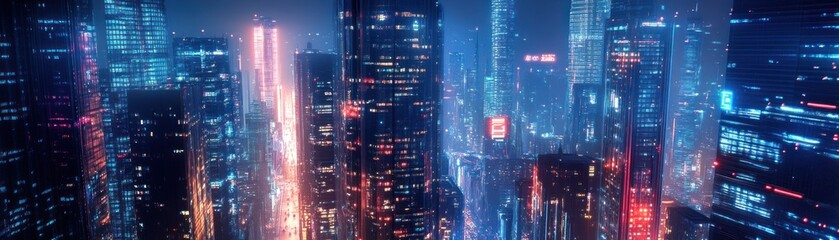 Nighttime Cityscape with Illuminated Buildings and Street Lights