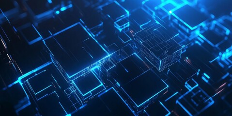 Abstract Blue Geometry: Glowing Lines and Shapes in a Deep Blue Background, Embracing the Concept of Digital Technology in 3D Render.