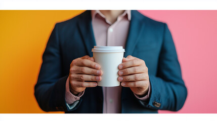 Businessman on hand holding white mock up of coffee cup on pastel backdrop