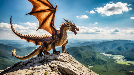 A fierce dragon perched atop a mountain, its wings spread wide as it surveys its kingdom below