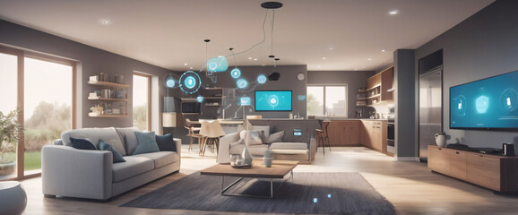 illustrate the concept of the Internet of Things with an image of a smart home, featuring various connected devices and appliances, shot from a low angle with a wide-angle lens