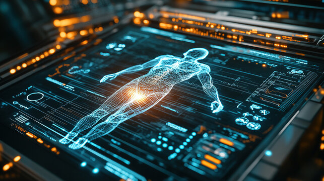 A close-up shot of a futuristic medical device scanning a patient's body, with a streamlined design and illuminated interface that highlights advanced medical technology.