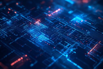 Abstract Blue Geometry: Glowing Lines and Shapes in a Deep Blue Background, Embracing the Concept of Digital Technology in 3D Render.