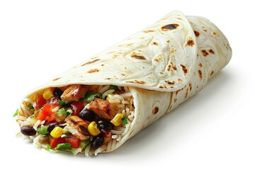A burrito filled with rice, beans, corn, and vegetables, wrapped in a tortilla.