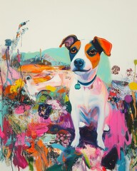 A colorful abstract painting of a dog with a collar and a tag.