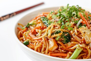 A close-up of a bowl of colorful stir-fried noodles topped with green onions and sesame seeds.