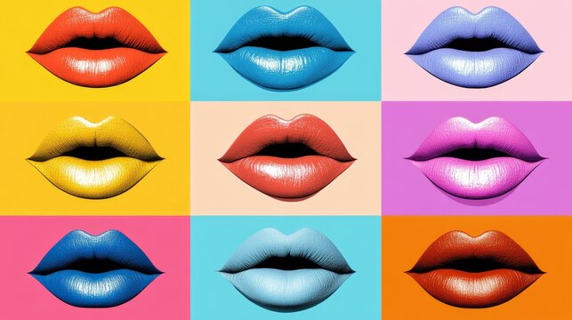 Pop art mouth, various lipstick colors, high contrast, playful and edgy