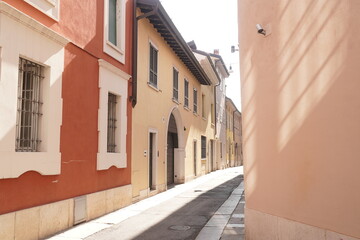 View of a glimpse of an alley in the historic center of Brescia. Lombardy, Italy