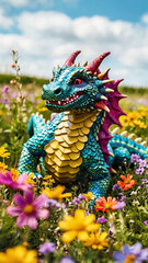 Fototapeta premium A playful dragon frolicking in a field of wildflowers, its colorful scales blending in with the vibrant blooms