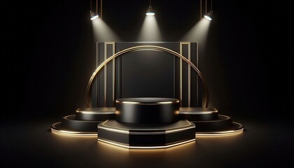 Black and Gold Minimalist Product Display with Spotlights.