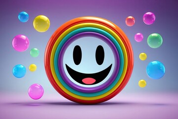 Naklejka premium Colorful 3D Rainbow Smiley Emoticon with Joyful Expression and Playful Bubbles