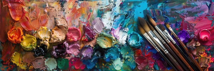 Assorted oil paints in various shades and strengths, accompanied by artist brushes on a palette, featuring a variety of tools suitable for artists of all ages and skill levels.