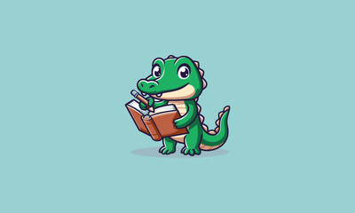 character crocodile cute writing on a book vector illustration flat design