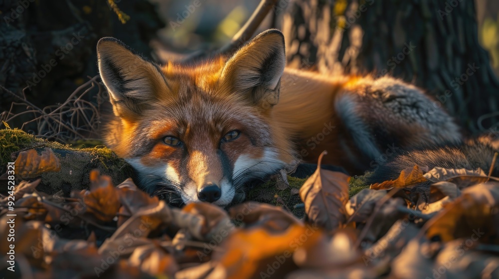 Poster a close-up view of a fox resting on the grassy terrain, with its fur blending in with the surroundin