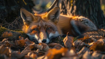 Naklejka premium A close-up view of a fox resting on the grassy terrain, with its fur blending in with the surroundings