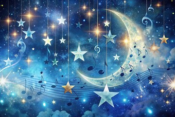 Astral Symphony: Eclectic, whimsical, twinkling stars, moonlit silhouettes, playful shapes