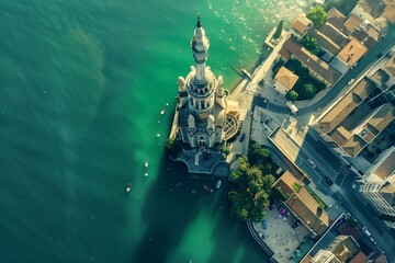 A drone shot of historic buildings
