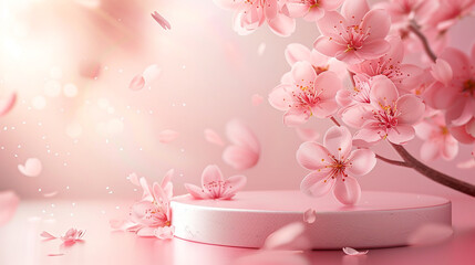 A Round Podium with a Branch of Sakura Cherry Blossoms